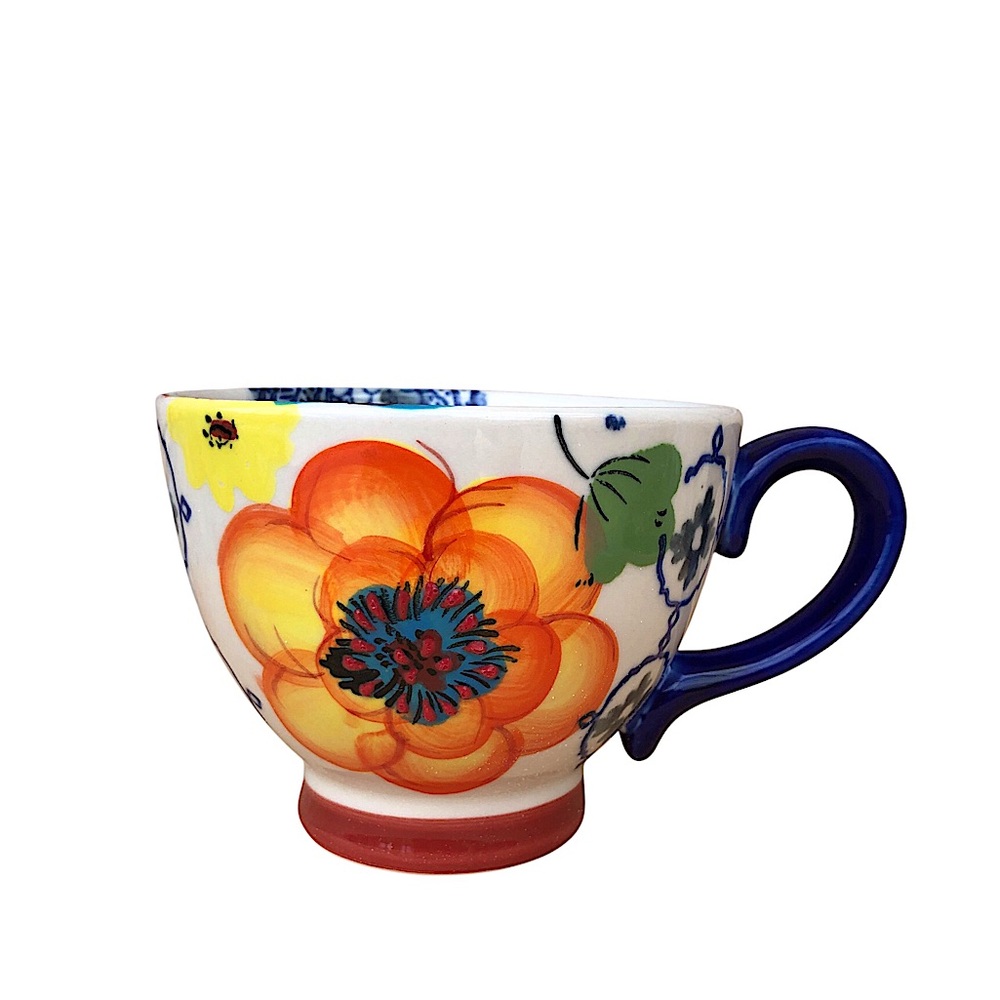 Anthropologie Dutch Wax Ceramic Hand Painted Floral Boho Orange Tea/Coffee Cup